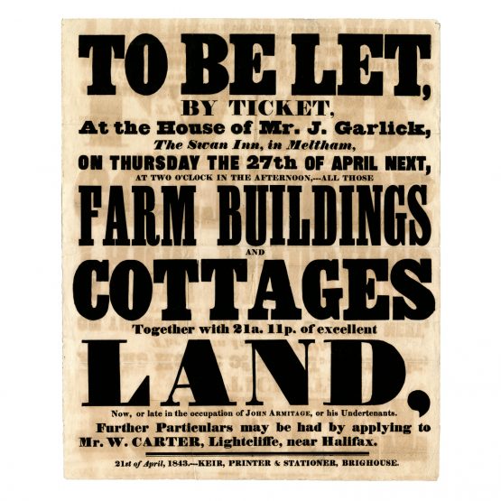 Handbill for 1843 auction at Swan Inn, Meltham